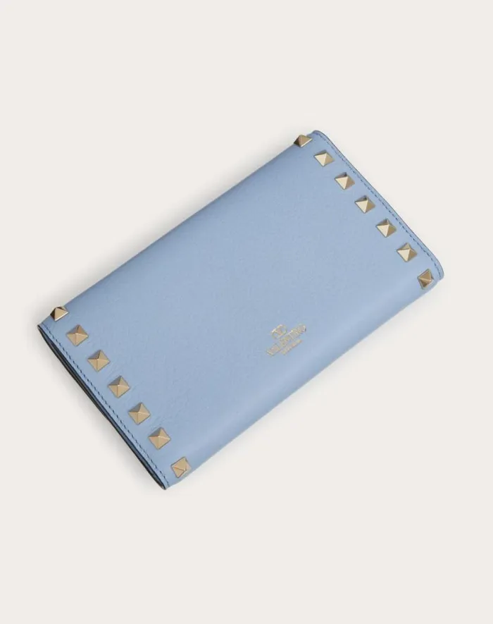 Valentino Wallets And Small Leather Goods Woman Rockstud Wallet In Grainy Calfskin For Woman In Azure Azure