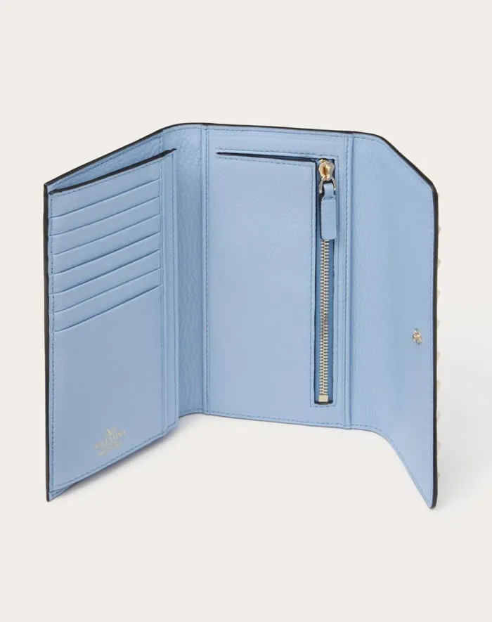 Valentino Wallets And Small Leather Goods Woman Rockstud Wallet In Grainy Calfskin For Woman In Azure Azure