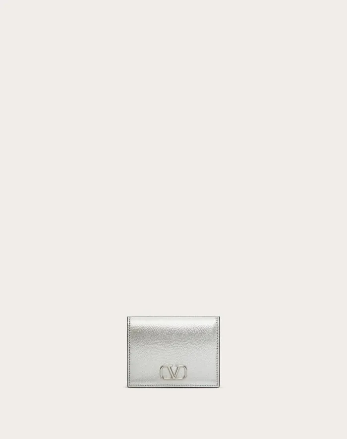 Valentino Wallets And Small Leather Goods Woman Vlogo Signature Metallic Grainy Calfskin Compact Wallet For Woman In Silver Silver