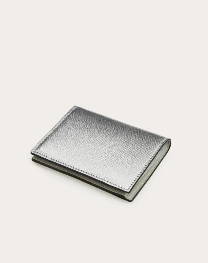 Valentino Wallets And Small Leather Goods Woman Vlogo Signature Metallic Grainy Calfskin Compact Wallet For Woman In Silver Silver Valentino Wallets And Small Leather Goods Woman Vlogo Signature Metallic Grainy Calfskin Compact Wallet For Woman In Silver Silver