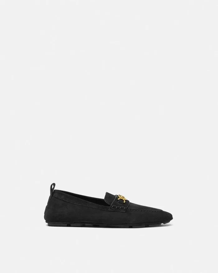 Villa Suede Driver Shoes Blackgold Men Versace Loafers and Slippers