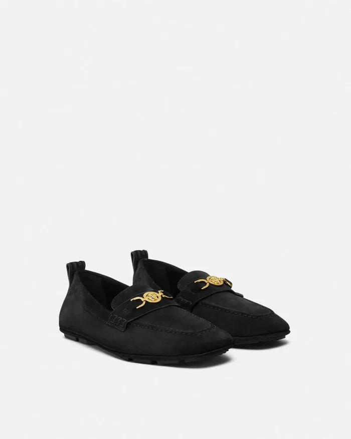 Villa Suede Driver Shoes Blackgold Men Versace Loafers and Slippers