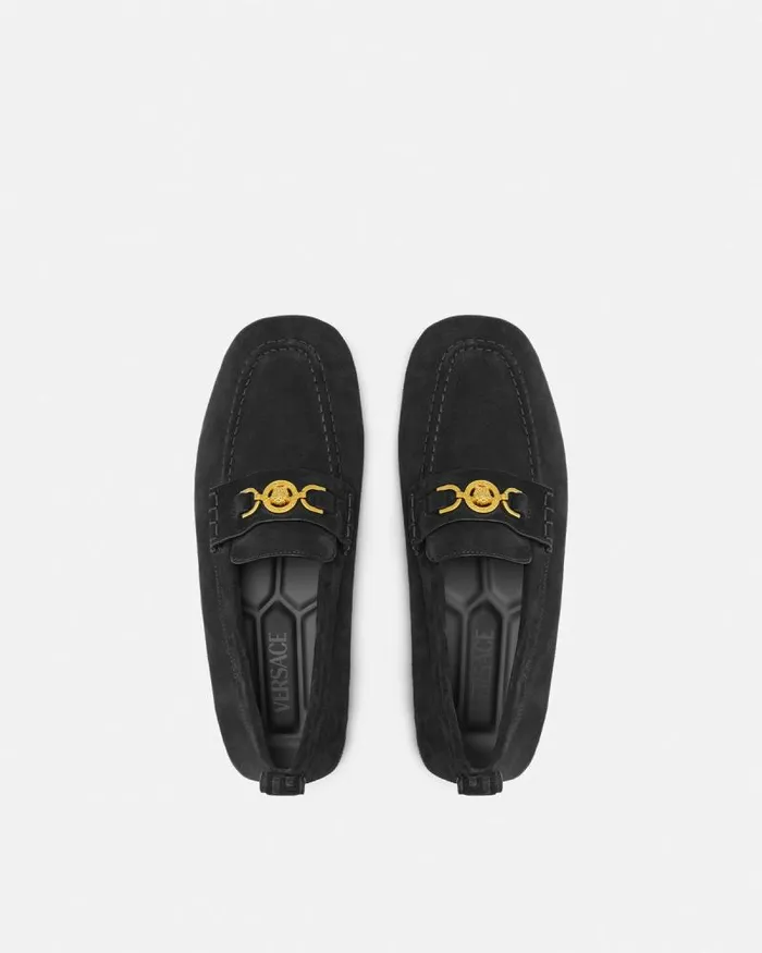 Villa Suede Driver Shoes Blackgold Men Versace Loafers and Slippers
