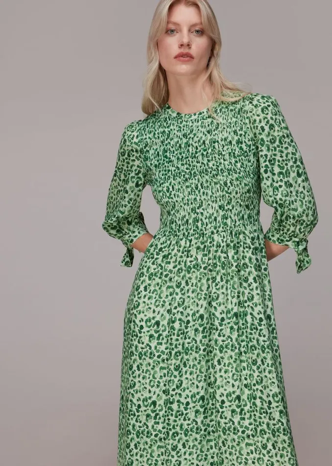 Whistles Dresses Green Cheetah Print Shirred Dress 8211 Women
