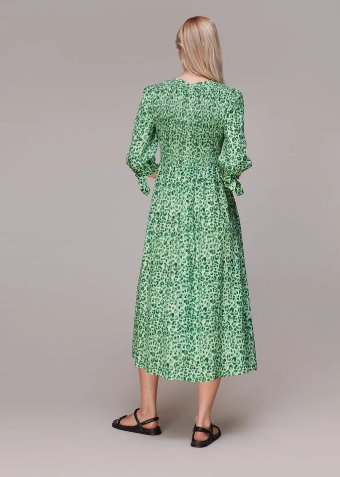 Whistles Dresses Green Cheetah Print Shirred Dress 8211 Women