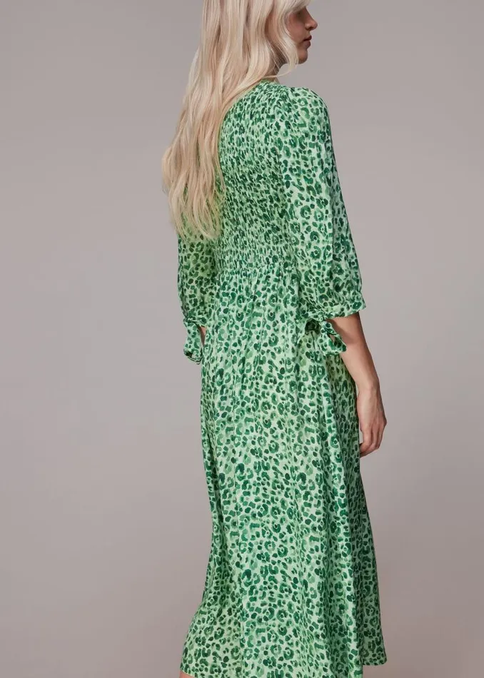 Whistles Dresses Green Cheetah Print Shirred Dress 8211 Women