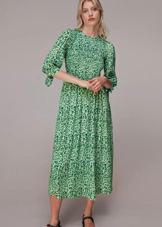 Whistles Dresses Green Cheetah Print Shirred Dress 8211 Women