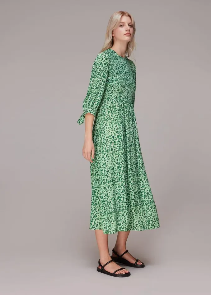 Whistles Dresses Green Cheetah Print Shirred Dress 8211 Women