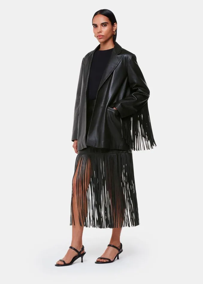 Whistles Leather Black Gia Leather Fringed Jacket 8211 Women