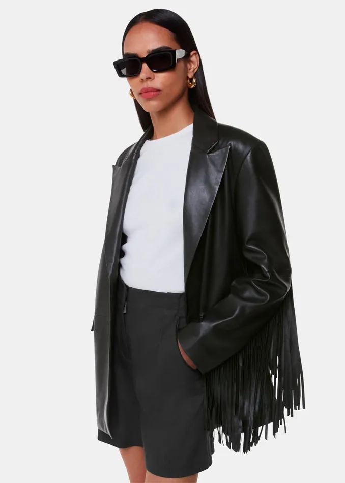 Whistles Leather Black Gia Leather Fringed Jacket 8211 Women