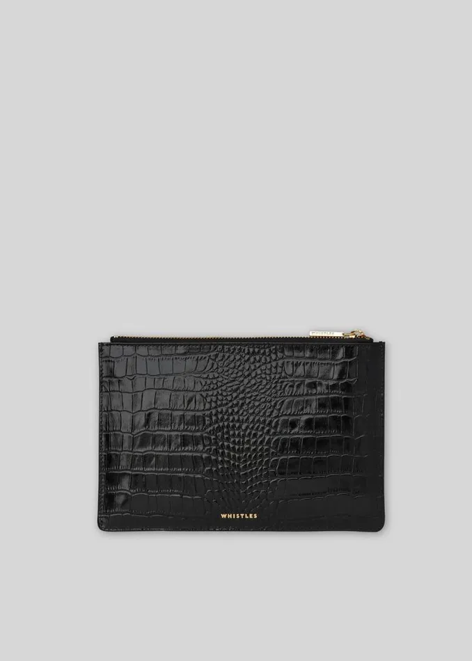 Whistles Small Bags and Clutches Black Shiny Croc Small Clutch 8211 Women
