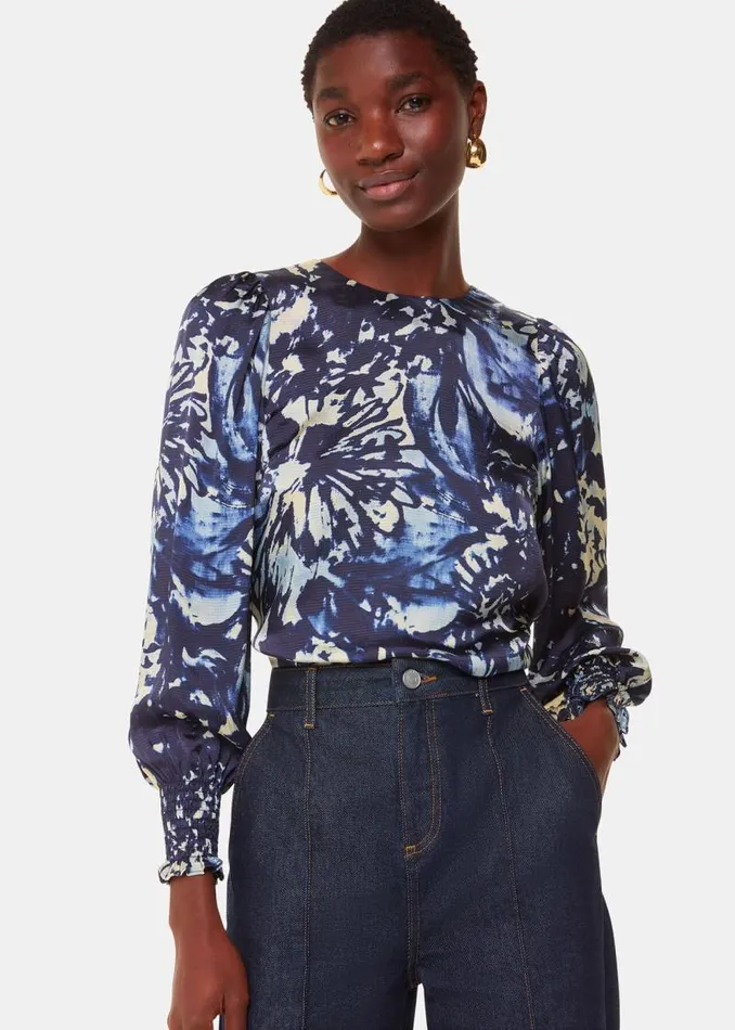 Whistles Tops Navy Dazzled Floral Satin Blouse 8211 Women