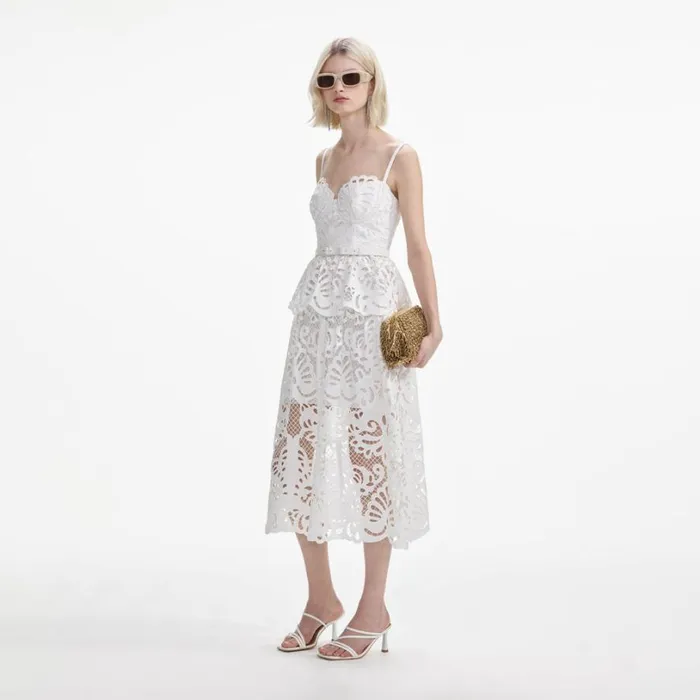 White Cotton Lace Tiered Midi Dress Women Self Portrait Dresses White Cotton Lace Tiered Midi Dress Women Self Portrait Dresses