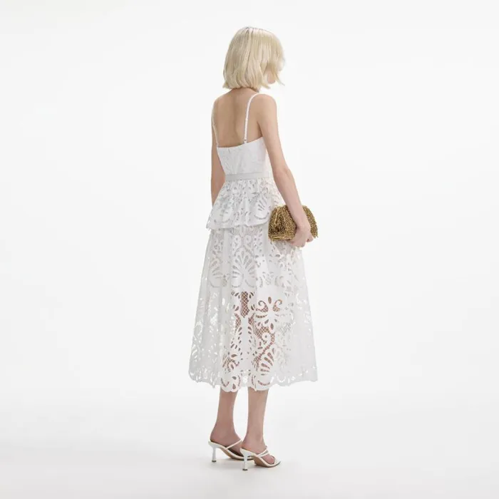 White Cotton Lace Tiered Midi Dress Women Self Portrait Dresses White Cotton Lace Tiered Midi Dress Women Self Portrait Dresses