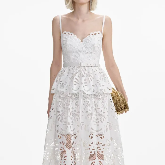 White Cotton Lace Tiered Midi Dress Women Self Portrait Dresses White Cotton Lace Tiered Midi Dress Women Self Portrait Dresses
