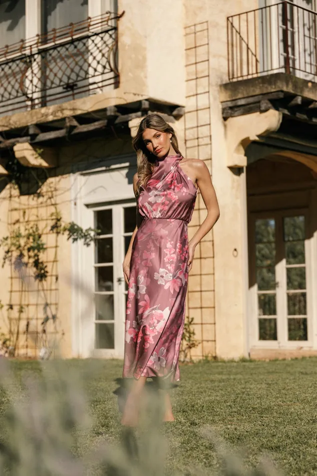 Winter Dresses Petal and Pup Women Anabelle Halter Neck Midi Dress Dark Rose Floral