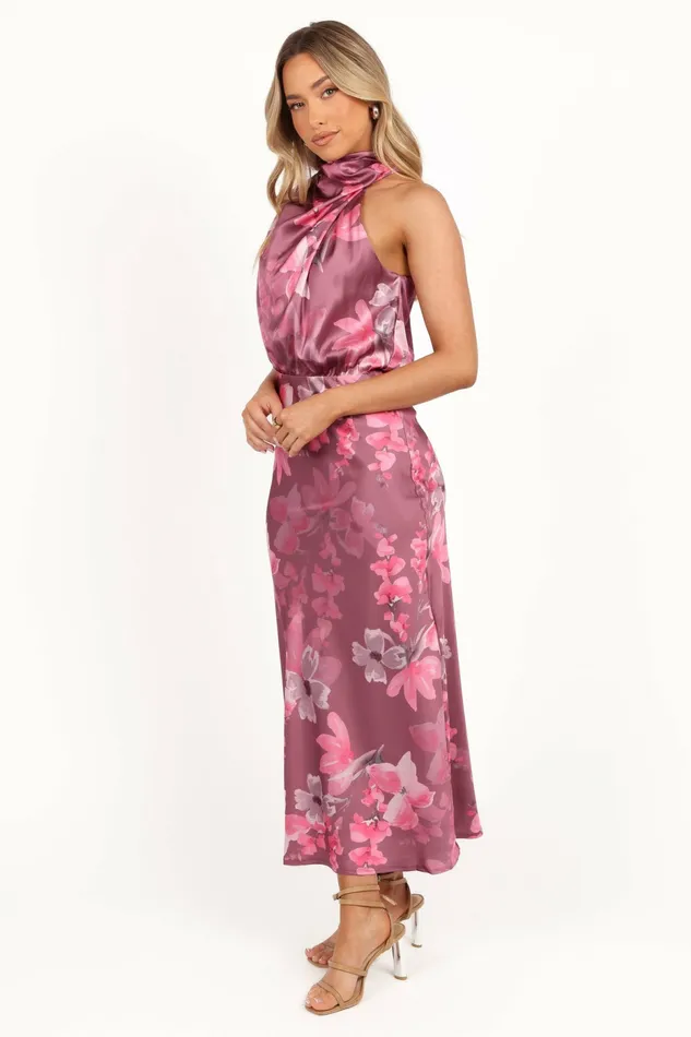 Winter Dresses Petal and Pup Women Anabelle Halter Neck Midi Dress Dark Rose Floral