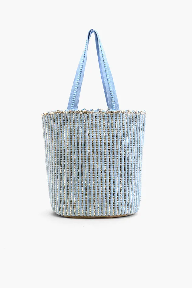 Women America and Beyond Natural Beauty Upcyled Hand Woven Lt Blue Tote Beach Bags