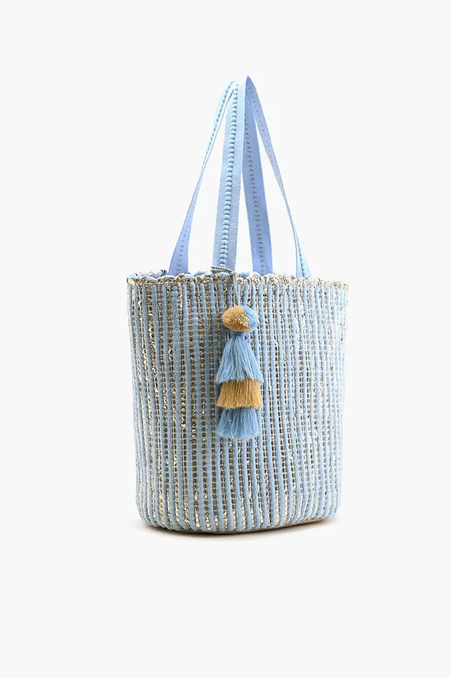 Women America and Beyond Natural Beauty Upcyled Hand Woven Lt Blue Tote Beach Bags