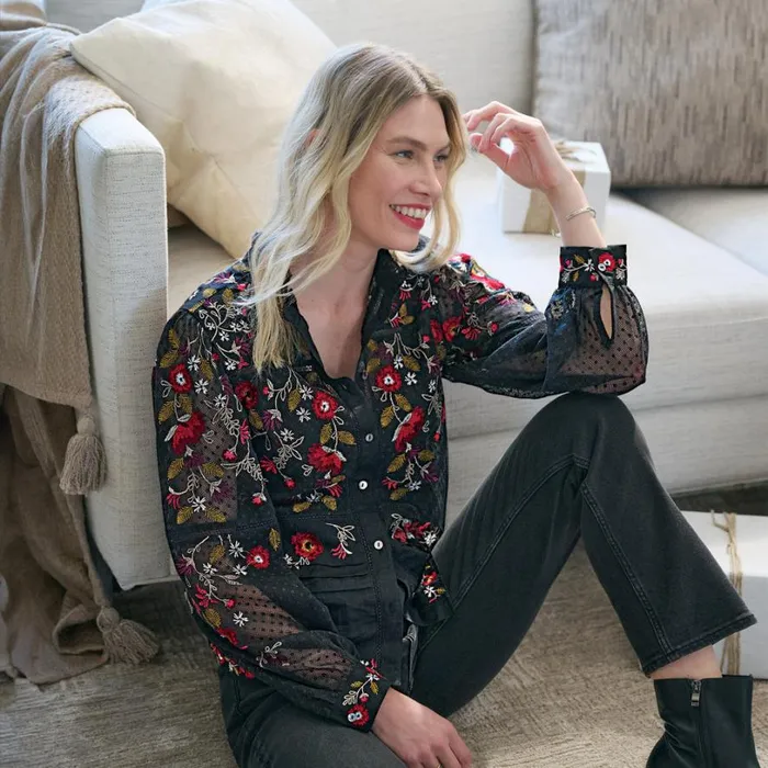 Women Beaumont Blooms Top Black Sundance Catalog Tops