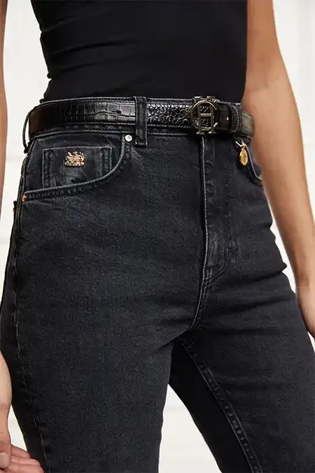 Women Belts Holland Cooper HC Classic Slim Belt Black Croc Women Belts Holland Cooper HC Classic Slim Belt Black Croc