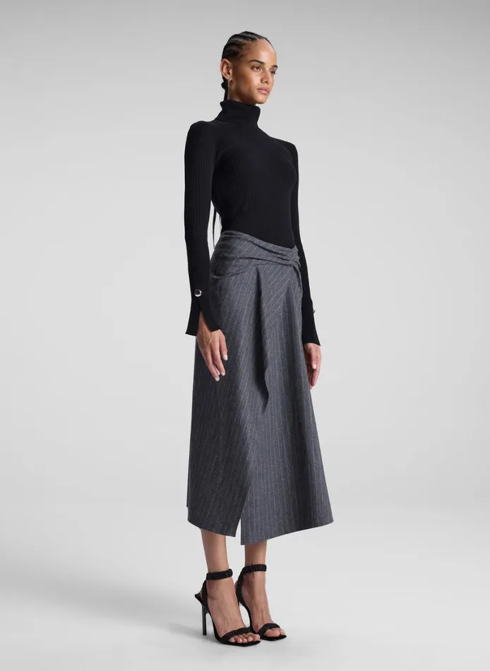 Women Bottoms ALC Clara Wool Cashmere Pinstripe Midi Skirt Grey Melange