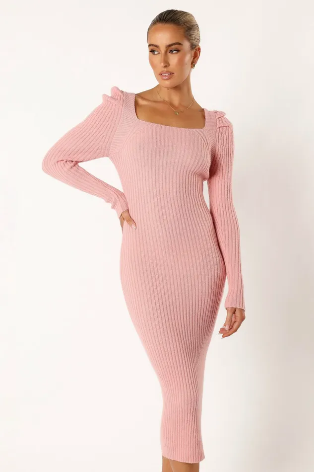 Women Camryn Puff Sleeve Knit Sweater Midi Dress Blush Sweater Dresses Petal and Pup