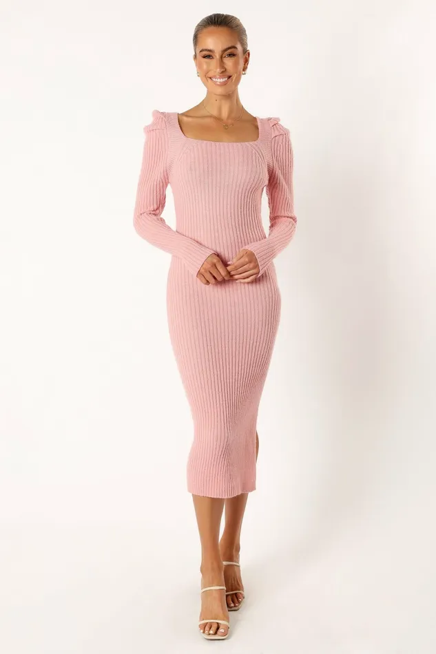 Women Camryn Puff Sleeve Knit Sweater Midi Dress Blush Sweater Dresses Petal and Pup