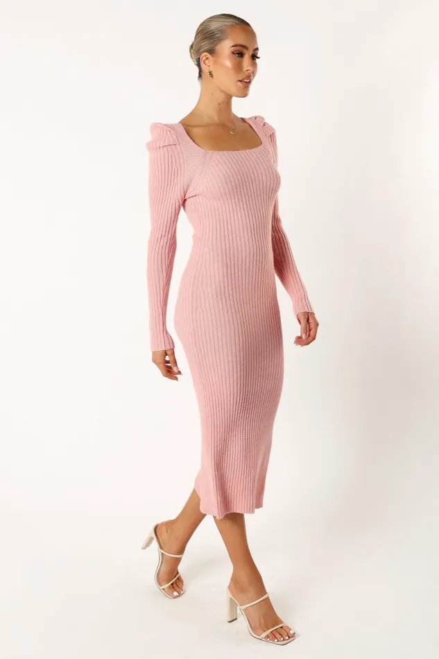 Women Camryn Puff Sleeve Knit Sweater Midi Dress Blush Sweater Dresses Petal and Pup