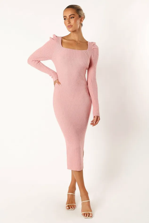 Women Camryn Puff Sleeve Knit Sweater Midi Dress Blush Sweater Dresses Petal and Pup