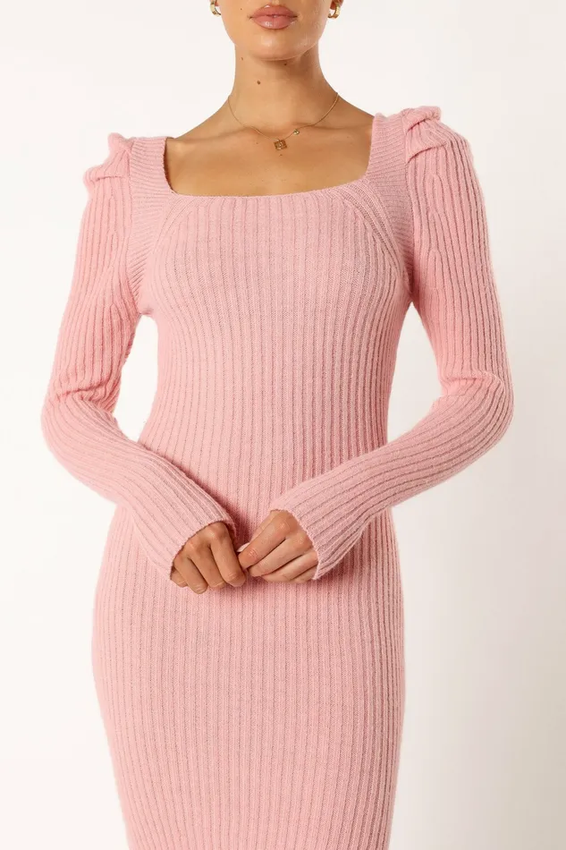 Women Camryn Puff Sleeve Knit Sweater Midi Dress Blush Sweater Dresses Petal and Pup