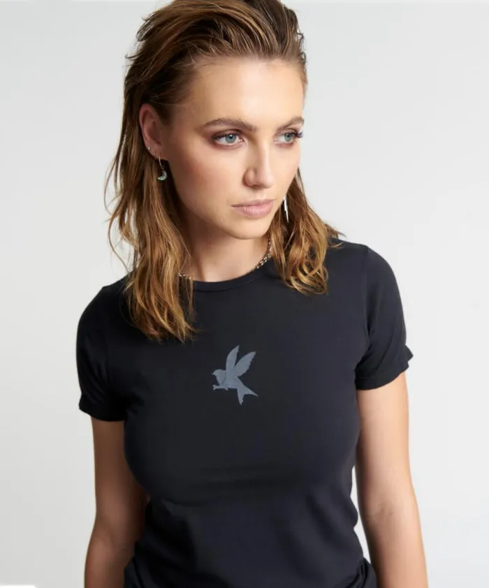 Women CHARCOAL BOWER BIRD ORGANIC FITTED TEE One Teaspoon Tops