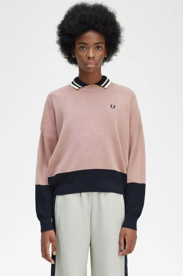 Women Colour Block Jumper Dusty Rose Pink Fred Perry Knitwear