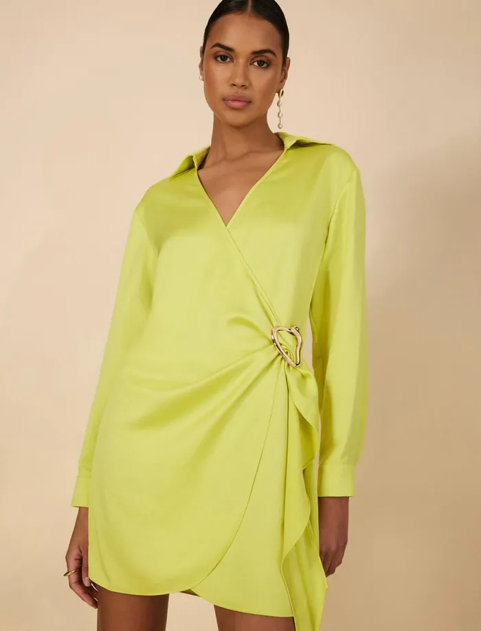 Women Connie Faux Wrap Mini Dress Yellow Plum BCBG Dresses