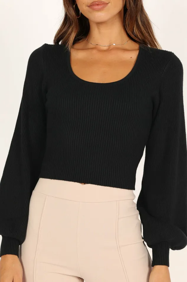 Women Daphne Crewneck Bubble Sleeve Knit Sweater Black Sweaters Petal and Pup