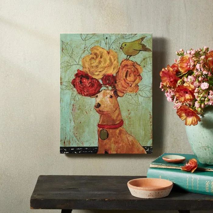 Women Dog Rose Tree Print On Wood Sundance Catalog Decor