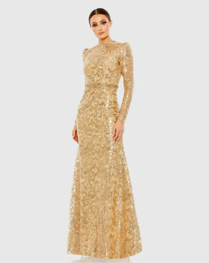 Women Embellished High Neck Long Sleeve Gown Gold Evening Gowns Mac Duggal