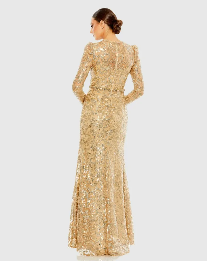 Women Embellished High Neck Long Sleeve Gown Gold Evening Gowns Mac Duggal
