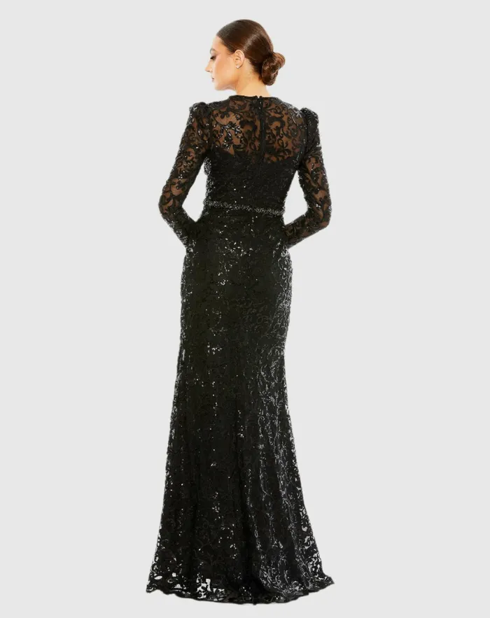 Women Embellished High Neck Long Sleeve Gown Gold Evening Gowns Mac Duggal