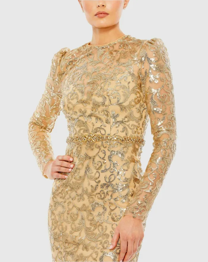 Women Embellished High Neck Long Sleeve Gown Gold Evening Gowns Mac Duggal