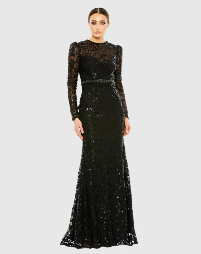 Women Embellished High Neck Long Sleeve Gown Gold Evening Gowns Mac Duggal