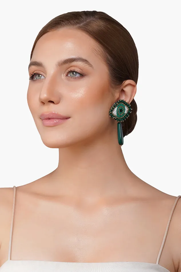 Women Emerald Evil Eye Beaded Earrings Earrings America and Beyond
