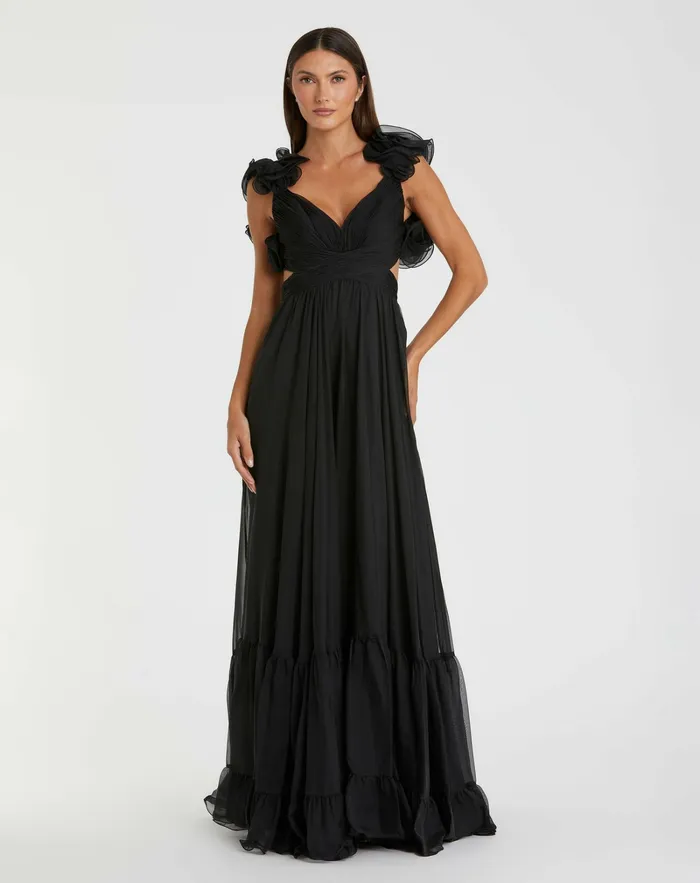 Women Evening Gowns Mac Duggal Ruffle Tiered CutOut Chiffon Gown Black