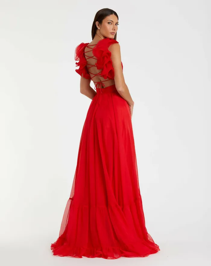 Women Evening Gowns Mac Duggal Ruffle Tiered CutOut Chiffon Gown Black