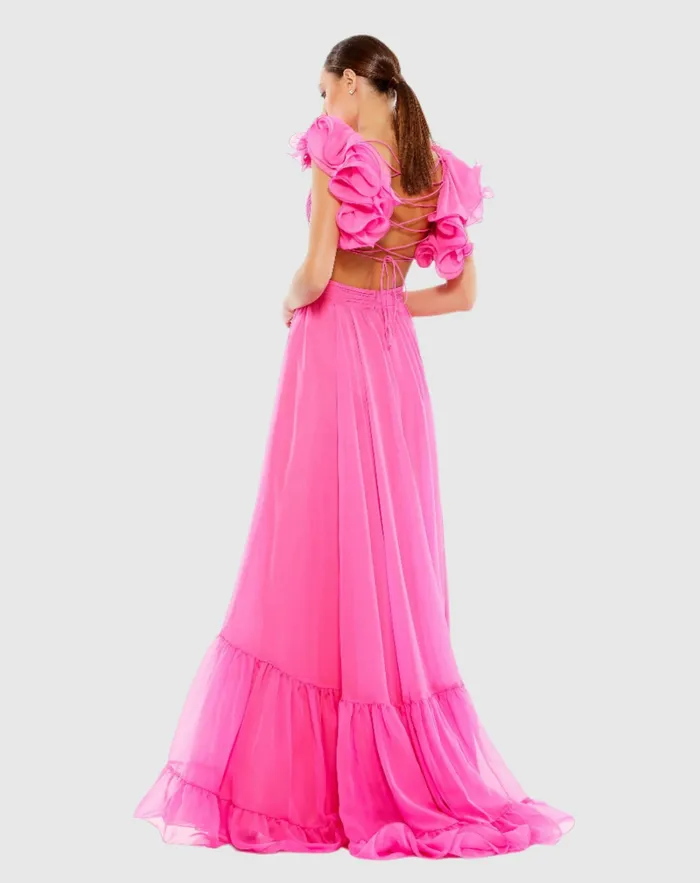 Women Evening Gowns Mac Duggal Ruffle Tiered CutOut Chiffon Gown Black