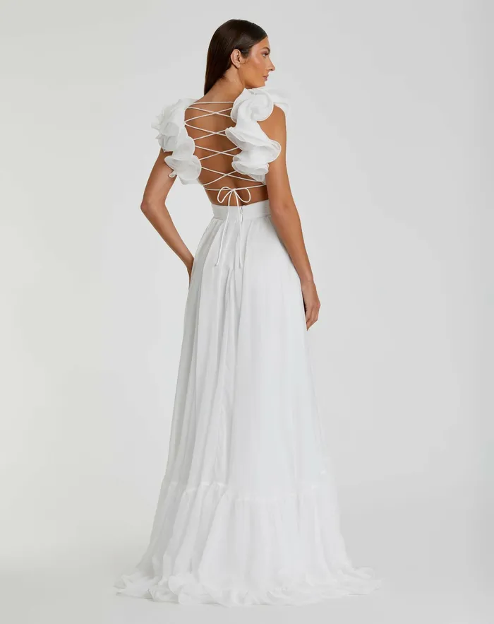Women Evening Gowns Mac Duggal Ruffle Tiered CutOut Chiffon Gown Black