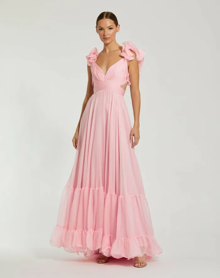 Women Evening Gowns Mac Duggal Ruffle Tiered CutOut Chiffon Gown Black