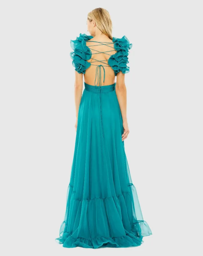Women Evening Gowns Mac Duggal Ruffle Tiered CutOut Chiffon Gown Black