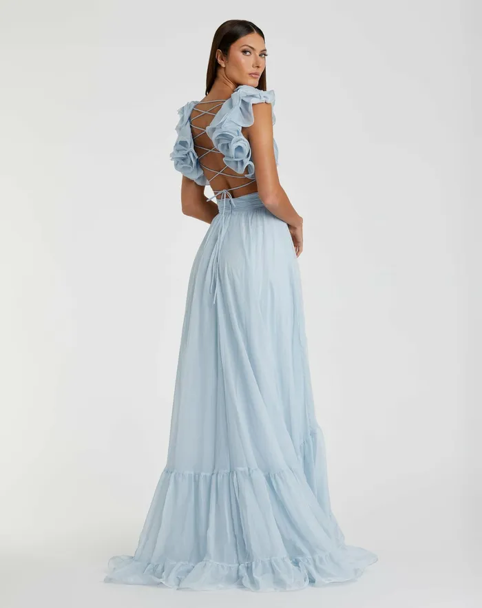 Women Evening Gowns Mac Duggal Ruffle Tiered CutOut Chiffon Gown Black