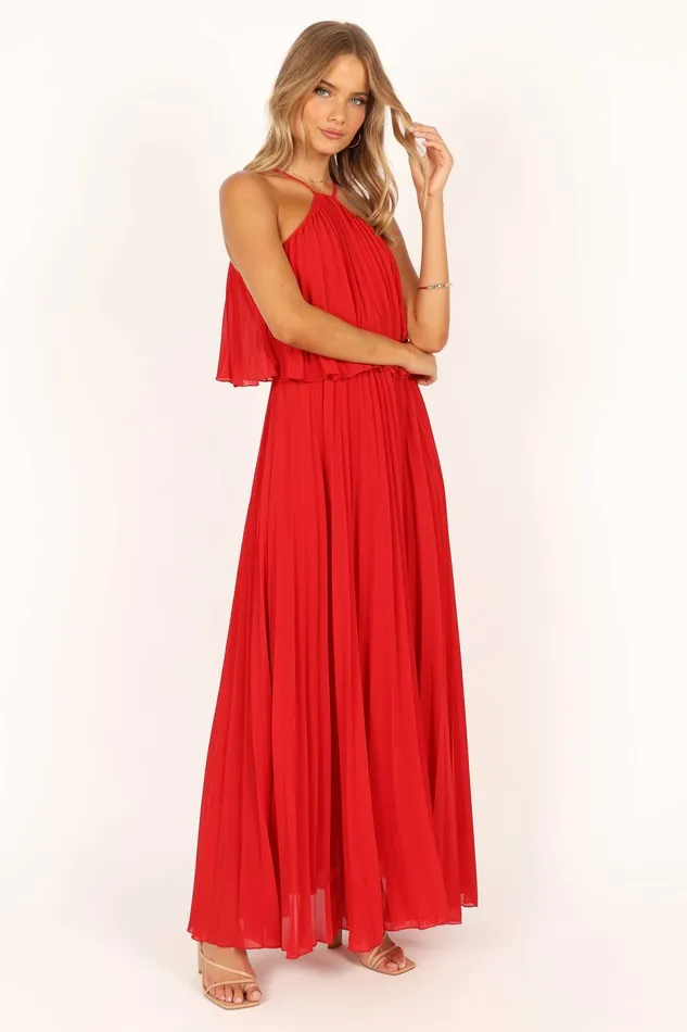 Women Event Dresses Petal and Pup Gia Pleated Halterneck Maxi Dress Red